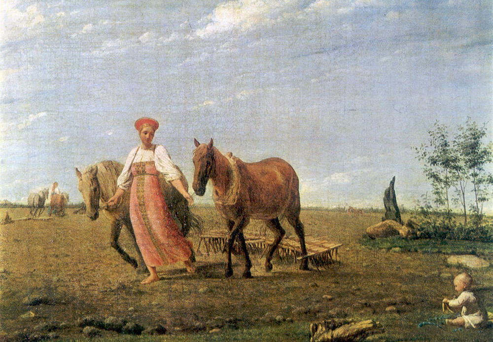 7/15. Алексеј Венецианов: На ораници у пролеће (око 1820). Ова слика приказује чисту лепоту архетипске руске жене. Дете је симбол плодности. Жена као да лебди над земљом, креће се споро и грациозно.