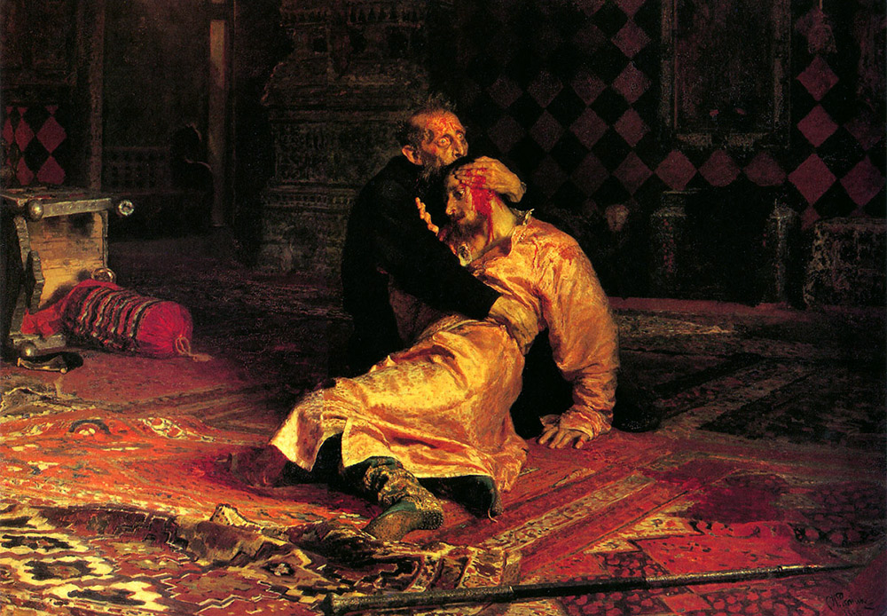 Iwan der Schreckliche mit seinem Sohn am 16. November 1581. Ilja Repin, 1885. Das Gemälde zeigt die Geschichte von Zar Iwan IV., der in einem Wutanfall seinen Sohn tötete.