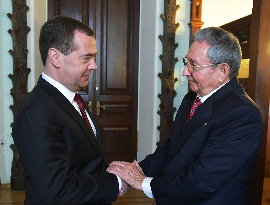 Russian Prime Minister Dmitry Medvedev, left, and Raul Castro, President of the Council of State and the Council of Ministers of Cuba, meet in the Government Reception House in Moscow, on May 6. Raul Castro arrived in Moscow to attend the festive events to mark the 70th anniversary of Victory in the 1941-1945 Great Patriotic War.