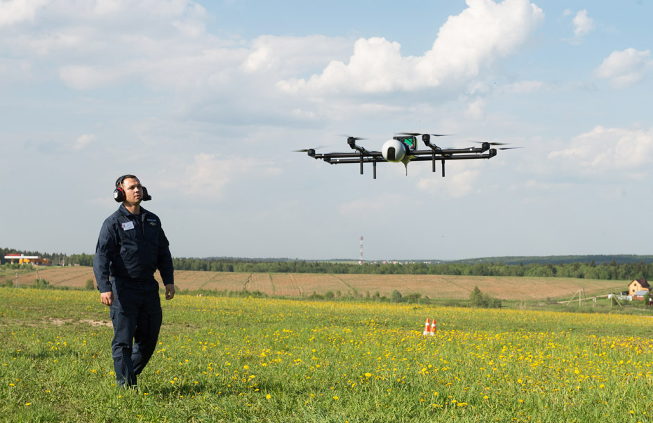 A demonstration flight of an unmanned aerial vehicle (UAV), produced by Zala  company, at the "Vikhrevo" airport, in Moscow region.