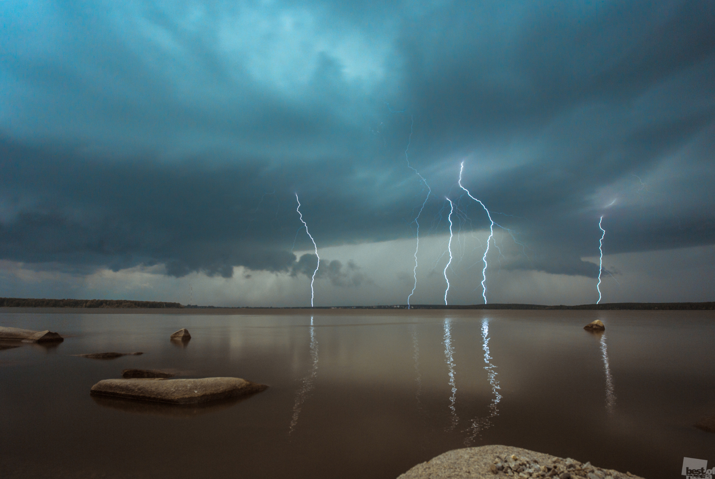 Thunderbolt. Lighting above a lake in Yekaterinburg. 