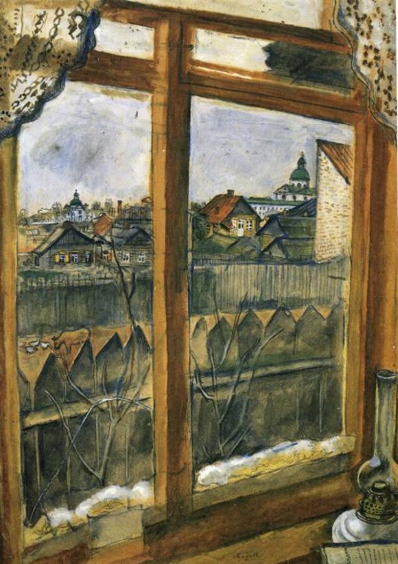 Nel 1917, durante la Rivoluzione, tornò a Vitebsk, sua città natale, dove apri una scuola di arte / Vista da una finestra. Vitebsk, Galleria Tretyakov, Mosca, 1914