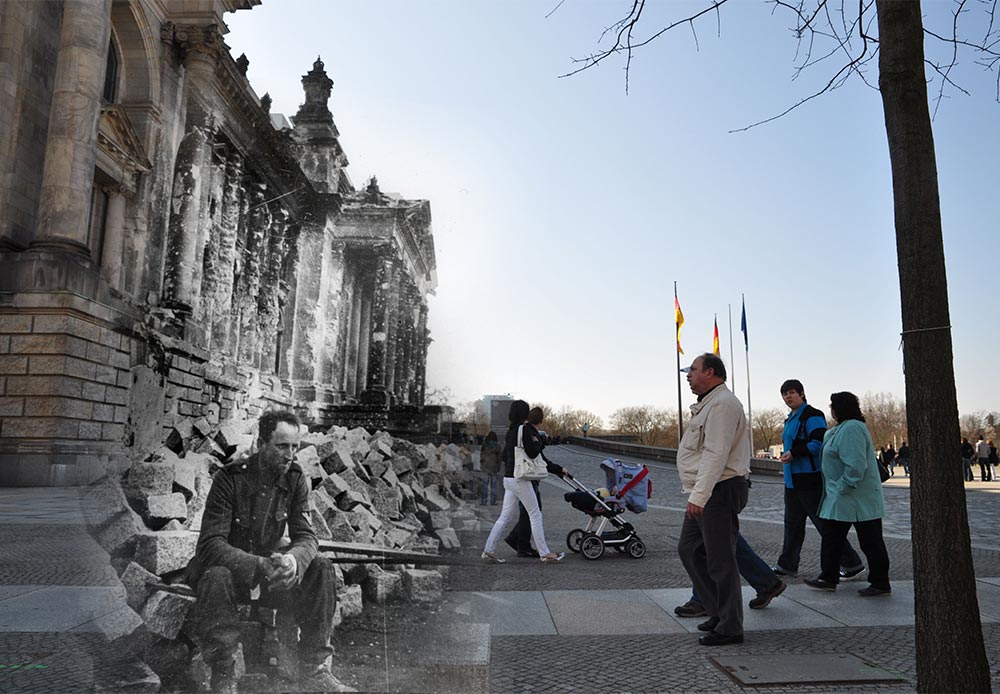 Berlin, 1945-2010. German soldier in front of the vanquished Reichstag.
