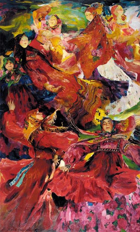 イコン画家として訓練を受けたフィリップ・マリャーヴィンは、20世紀初頭のロシアを代表する画家の一人で、明るい色彩と大胆な筆遣いを組み合わせた絵画に重点的に取り組んだ。/ 『ファランドール』、フィリップ・マリャーヴィン、1926年