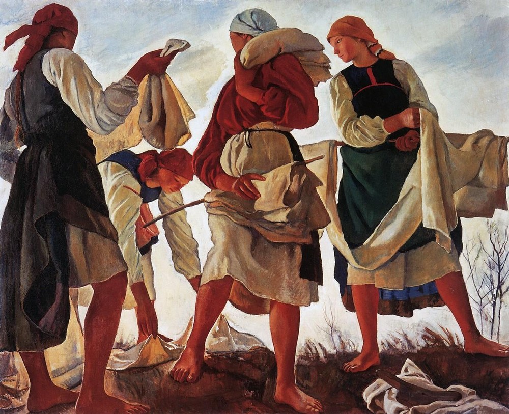 1914〜1917年にかけて、セレブリャコワはロシアの農村生活、小作農の労働（主に女性たちの）と自然に焦点を当てた一連の絵画を創作した。労働に従事する小作農女性たちの態度は威厳と力強さに満ちている。/ 『キャンバス地の漂白』、ジナイーダ・セレブリャコワ、1917年