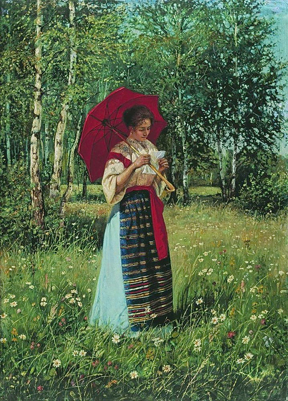 この作品では、画家は日中に手紙を読む女性を見事に描いている。彼女の平穏なムードは周囲の自然に反映されている。/ 『手紙を読む女性』、ニコライ・ボグダノフ＝ベルスキー、1892年