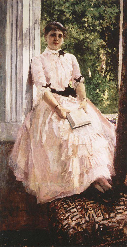 若く美貌のタティアナ・リュバトヴィチは画家の家の出身で、著名なオペラ歌手になった。この絵に描かれた当時の彼女は21歳だった。/ 『タティアナ・スピリドノヴナ＝リュバトヴィチの肖像』、コンスタンチン・コローヴィン、1880年