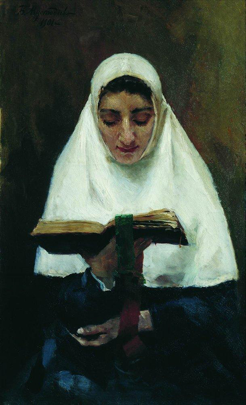Борис Кустодиев е известен с изключително цветните си картини, които изобразяват радостта от живота, яркостта, провинциалния живот и големите празненства. Ето защо този портрет на жена е толкова специален – той изобразява едновременно женската красова и скромност. // Игуменка, Борис Кустодиев, 1901