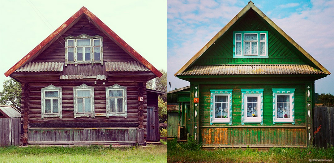 На всяка снимка е показана дървена къща в руско село, която скоро ще се превърне в рядкост.