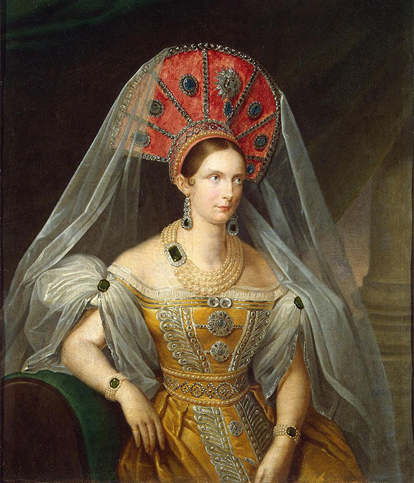 Alexandra Fjodorowna (1798 - 1860), die Frau von Kaiser Nikolaus I. Sie wurde als Prinzessin Charlotte von Preußen geboren. / Dargestellt im russischen Hofkleid. Portrait der Kaiserin Alexandra Fjodorowna, A. Maljukow, 1836.