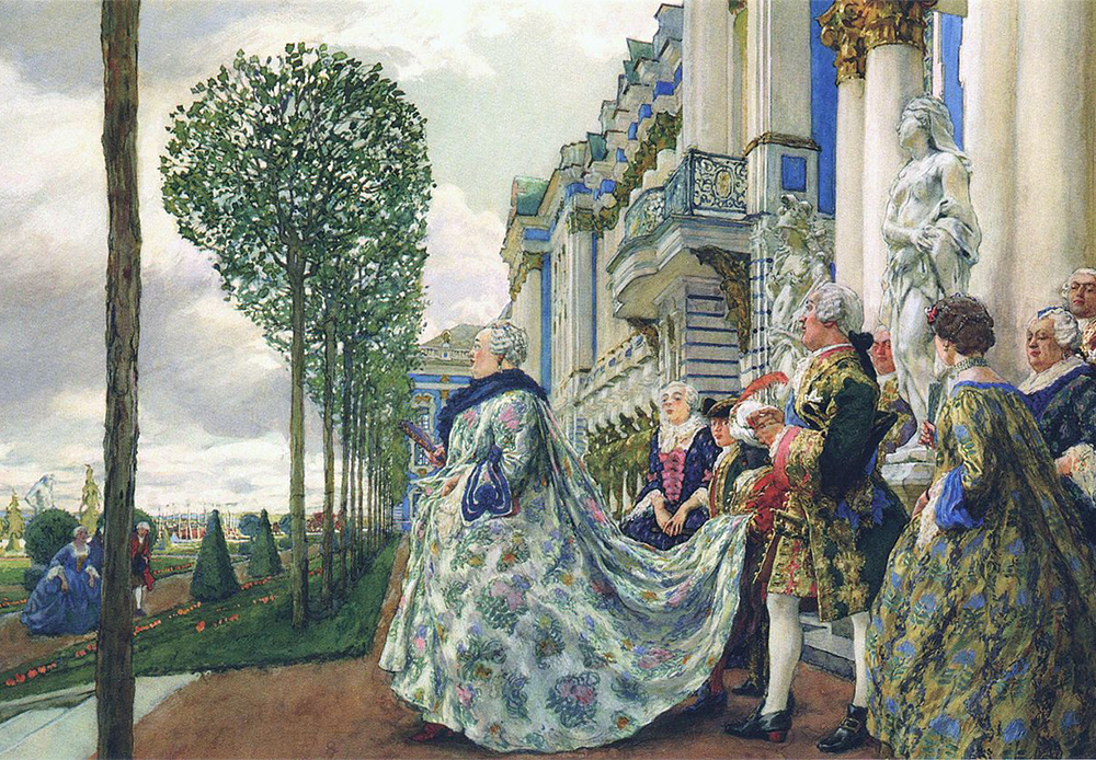 　エリザヴェータ・ペトローヴナ (1709〜1726) は、宮廷内で革命を起こして王位を奪取した後の1741年から1761年まで統治した。ピョートル大帝の娘にあたる彼女は、父親がエカチェリーナ1世と正式に結婚した2年前に生まれた。/ ツァールスコエ・セロー (サンクトペテルブルクから南に24キロ離れた所にある、かつての離宮) でのエリザヴェータ・ペトローヴナ、エフゲニー・ランセレ、1905年。