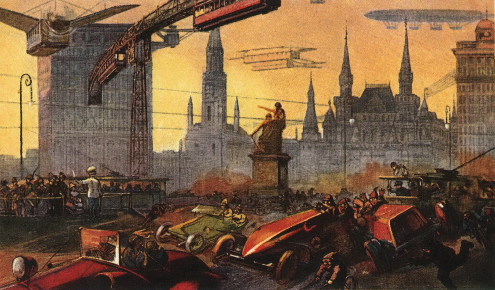 One hundred and one years ago, in 1914, on the eve of the First World War, confectionery company Tovareshestvo Einem produced a series of postcards entitled “Moscow of the Future”. Later, in 1922, the name of the company changed to Krasnyi Oktyabr (Red October), which became the most famous confectionary company in Russia. / “Red Square. The noise of wings, the ringing of trams, the sound of bicycle bells and car sirens, the crash of engines, and the cry of the crowd. The monument to Minin and Pozharsky (who led a Russian force against Polish invaders in 1611-1612) is still on Red Square. A police officer with a sabre is in the center. This is reality in 200 years.”