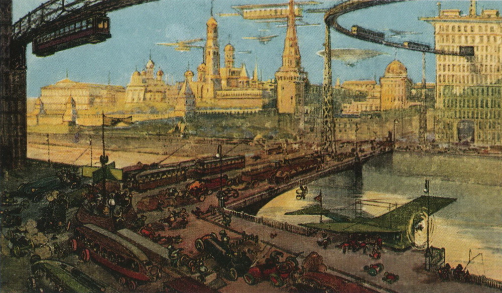 “The Kremlin adorns the ancient white-walled Moscow (as the Russian capital was called even in 1914 when the walls were white), which along with the golden domes makes for a fantastic view. Here at the Moskvoretsky Bridge we see huge new buildings occupied by trade companies, trusts, associations, syndicates, etc. Air-road trains are gracefully gliding against the background of the sky…”