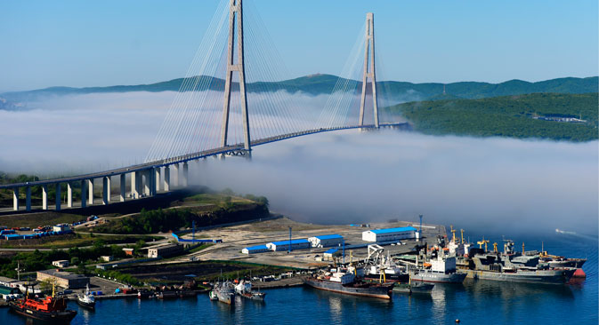 Russia. Vladivostok. The view from the helicopter on the cable-stayed bridge over the Bosphorus eastern Russian island