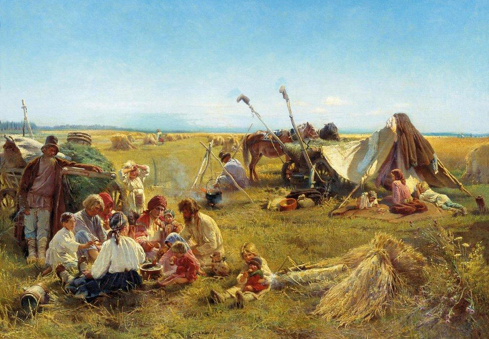 Russian artists spent their days drawing summer, depicting the beauty of blossoming nature, of people harvesting, of sunny weather, of gentle strolls in the woods, of silent villages in the evening, of making jam with seasonal berries and of bathing in the river./Peasant dinner during harvesting, 1871, Konstantin Makovsky.