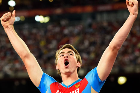 Sergey Shubenkov of Russia celebrates after winning the men's 110 metres hurdles final during the 15th IAAF World Championships at the National Stadium in Beijing, China August 28, 2015.