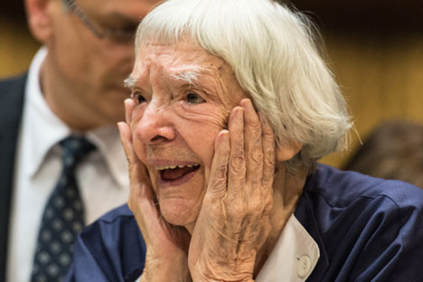 Veteran Russian human rights defender Ludmilla Alexeeva reacts after winning the third Vaclav Havel Human Rights Prize in the Council of Europe in Strasbourg, France, on Sept. 28 2015. Source: EPA