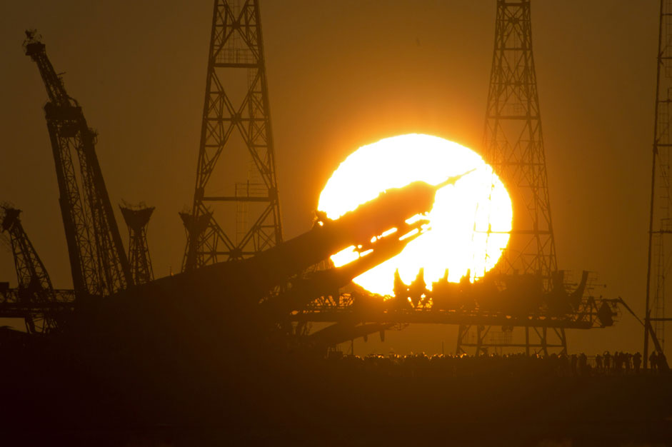 The Russian Soyuz TMA-19M space ship that will carry new crew to the International Space Station (ISS) is fixed vertical at the launch pad at sunrise in the Russian leased Baikonur cosmodrome, Kazakhstan, Sunday, Dec. 13, 2015. Start of the new Soyuz mission is scheduled on Tuesday, Dec. 15. The Russian rocket will carry U.S. astronaut Tim Kopra, Russian cosmonaut Yuri Malenchenko and British astronaut Tim Peake.
