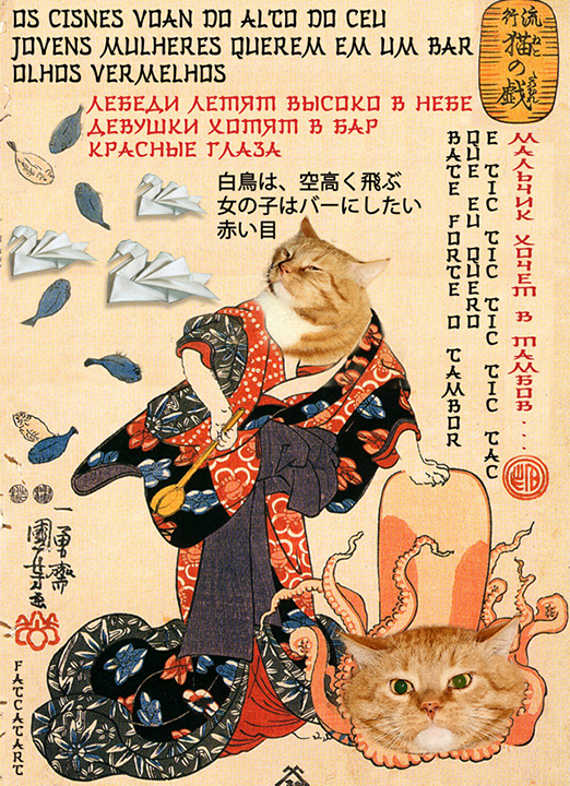 Un gatto vestito da donna preme sulla testa di un polpo, Utagawa Kuniyoshi