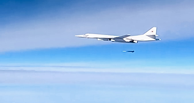 A Kh-555 air-launched cruise missile is launched by a Tupolev Tu-160 supersonic strategic bomber to strike the Islamic State infrastructure facilities in Syria. 