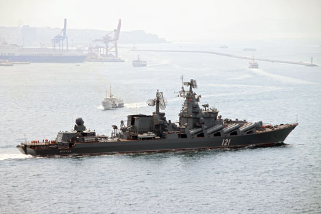 The guided missile cruiser Moskva of the Russian Black Sea fleet passes through Bosporus strait.