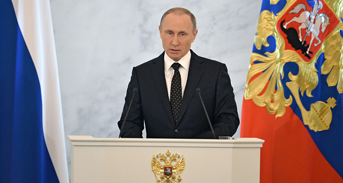 Le 3 décembre 2015. Le président russe Vladimir Poutine prononce son message annuel à l'Assemblée fédérale dans la salle Saint-Georges du Kremlin. 