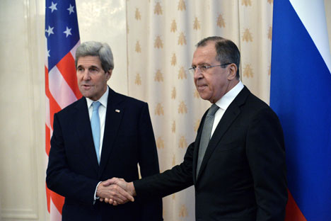 Russian Foreign Minister Sergey Lavrov meets with U.S. Secretary of State John Kerry.