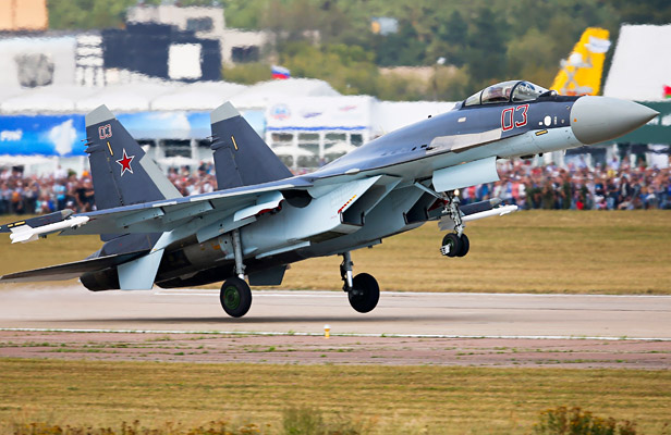 MOSCOW REGION, RUSSIA. AUGUST 28, 2015. A Sukhoi Su-35 fighter jet at the 2015 MAKS International Aviation and Space Salon in the town of Zhukovsky, Moscow region. 