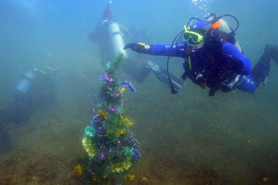 VLADIVOSTOK, RUSSIA. Divers install a Christmas tree at the bottom of Shchitovaya Bay.