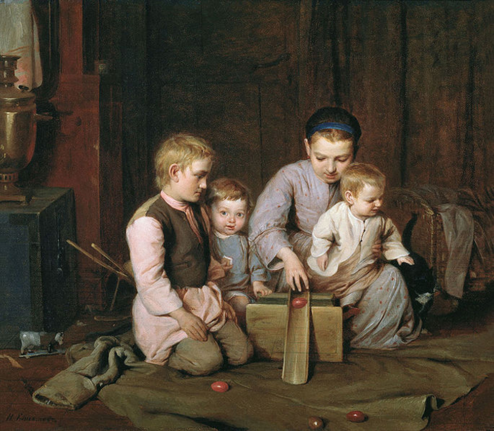 Nikolaï Kochelev, 1855 (?). Enfants jouant à faire rouler des oeufs de Pâques
