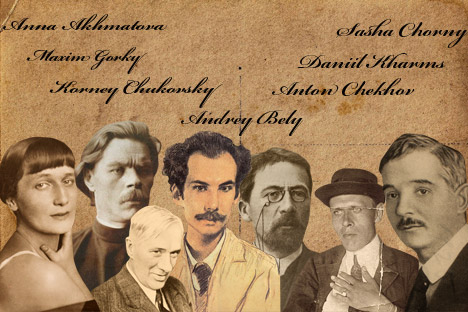 Pictured L-R: Anna Akhmatova, Maxim Gorky,  Korney Chukovsky, Andrey Bely, Anton Chekhov, Daniil Kharms, Sasha Chorny.