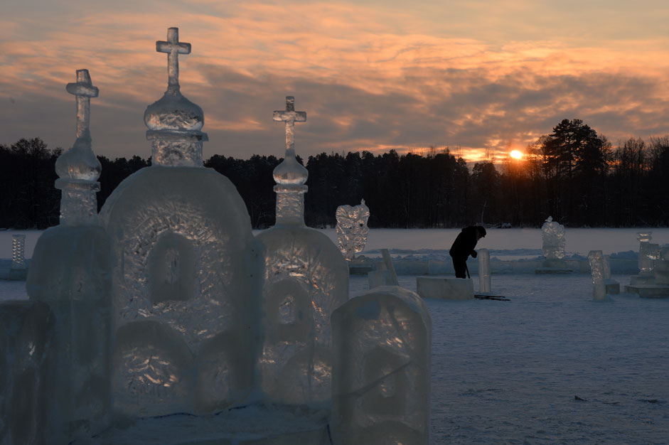 An ice city on the ice of the Raifa Lake not far from the Raifa Bogoroditsky Monastery in Zelenodolsky District of the Republic of Tatarstan.