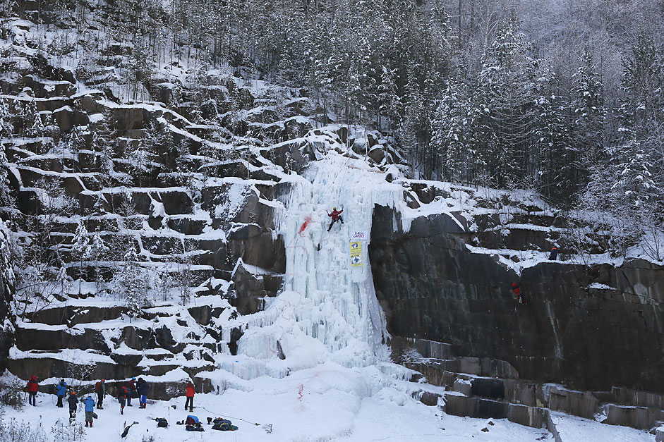 People take part in a regional ice climbing and winter rock climbing championship at the "Stolby" (Rock Pillars) national natural reserve, with the air temperature at about minus 20 degrees Celsius (minus 4 degrees Fahrenheit), outside Krasnoyarsk, Siberia, Russia, January 24, 2016. 