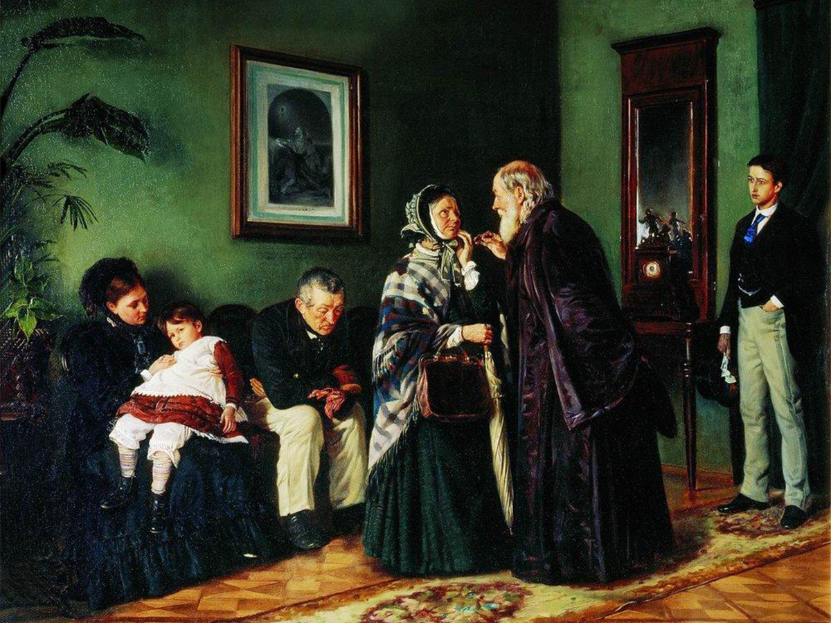 Vladimir Makovsky (26th January, 1846 – 21st February 1920) was a brilliant painter and a true master of genre art. He was born and raised in Moscow in an artistic family. His brother Konstantin Makovsky and father Egor Makovsky were also eminent Russian painters. / The Doctor’s Waiting Room, 1870. 