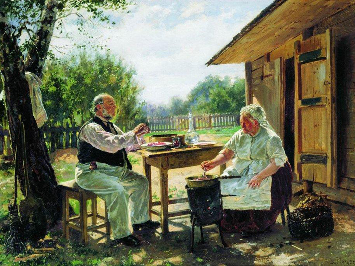 Vladimir Makovsky has his own special style. He pays attention to social scenes, showing detailed ordinary life. / Making Jam, 1876.