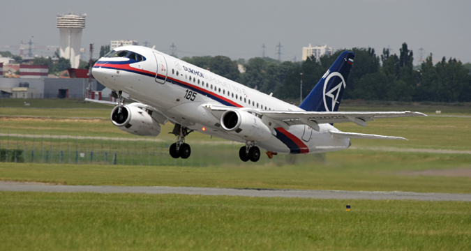 Sukhoi Superjet 100 aircraft on a demonstration flight at the Paris Air Show 2009 in Le Bourget, France. 