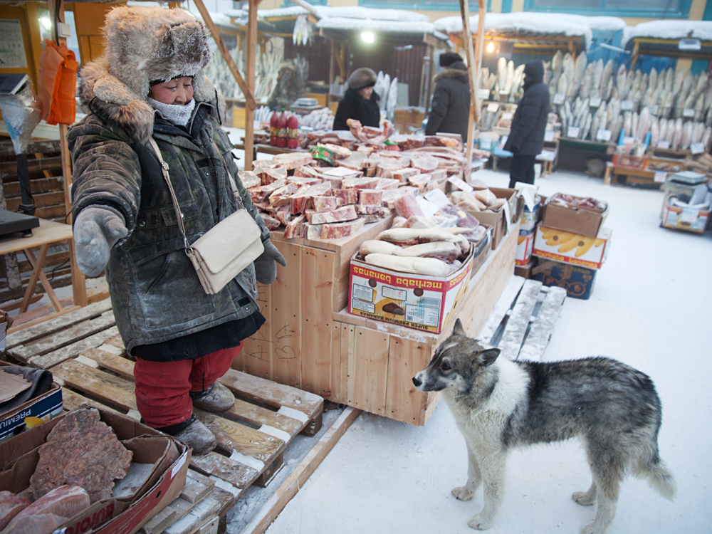 Тезга со месо на пазарот во Јакутск. Продавачите работат на -42 степени Целзиусови. 28 јануари 2016, Јакутск, Русија, 