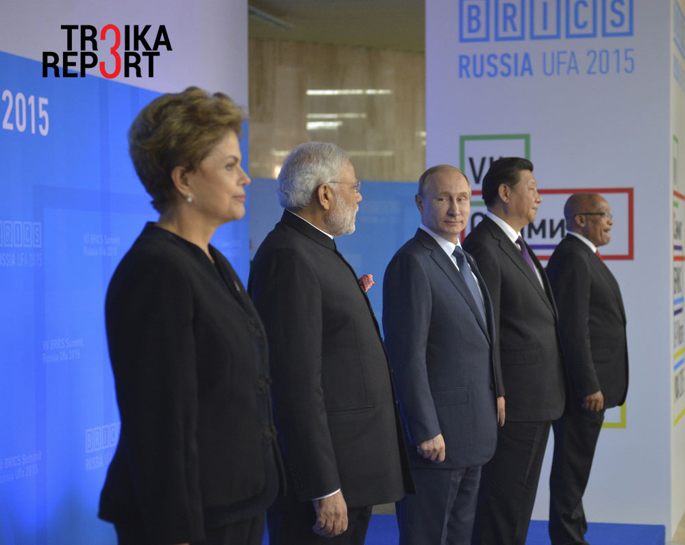 Brazil's President Dilma Rousseff, Indian Prime Minister Narendra Modi, Russian President Vladimir Putin, Chinese President Xi Jinping and South African President Jacob Zuma at the BRICS Summit in Ufa, July 9, 2015. 