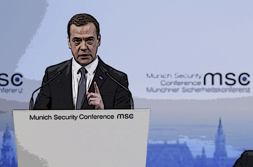 Russian Prime Minister Dmitry Medvedev delivers a speech at the Munich Security Conference in Munich, Germany, Feb. 13, 2016.