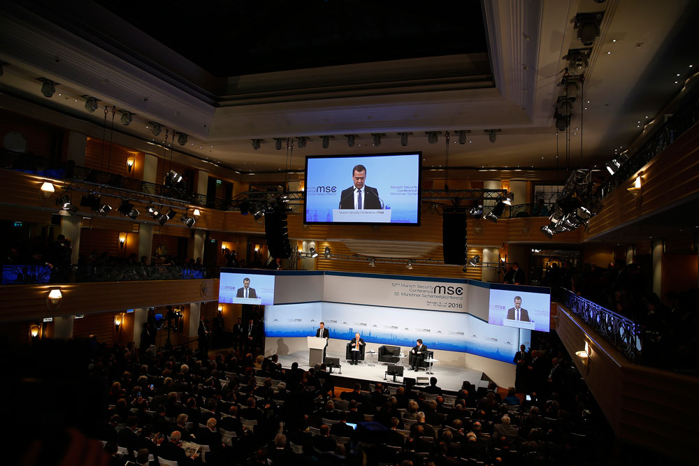 Russian Prime Minister Dmitry Medvedev delivers a speech at the Munich Security Conference in Munich, Germany, February 13, 2016.