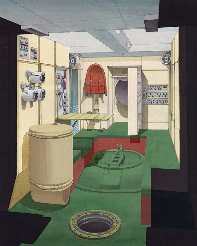 Une esquisse de l’intérieur de la station Mir. Les différentes zones colorées permettent aux cosmonautes en apesanteur de repérer facilement le plafond et le sol. 