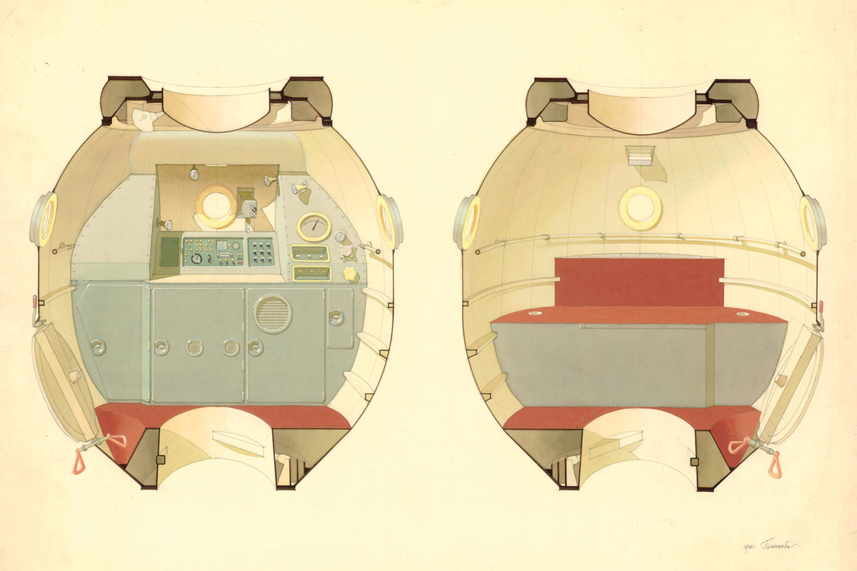 Galina’s works have been printed in a monograph entitled "Galina Balashova. Architect of the Soviet Space Programme". They include plans and engineering drawings for Soyuz capsules and the space stations Salyut and Mir. / Sketch of a habitable module for the Soyuz-M spacecraft.