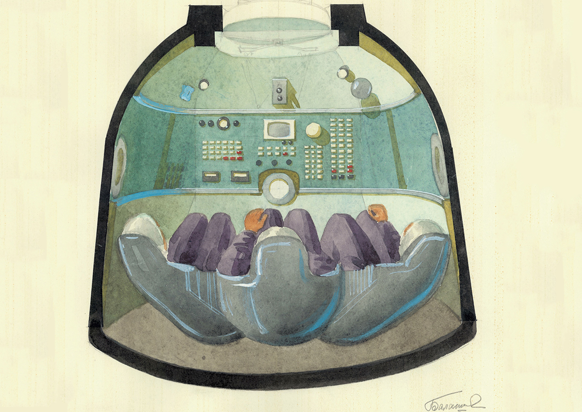 Il bozzetto della navicella Soyuz. Galina era solita lasciare la propria firma sui propri disegni, anche se essi dovevano rimanere segreti