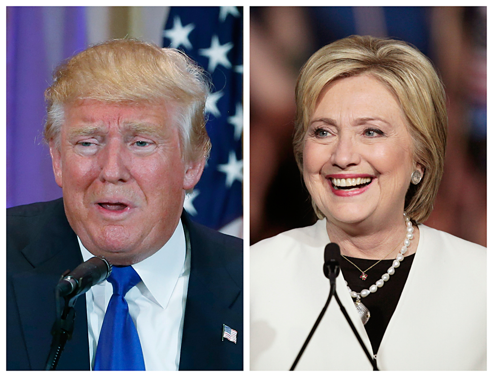 A combination photo shows Republican U.S. presidential candidate Donald Trump in Palm Beach, Florida and Democratic U.S. presidential candidate Hillary Clinton in Miami, Florida at their respective Super Tuesday primaries campaign events on March 1, 2016. 