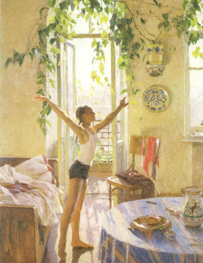 This picture shows beauty in the most ordinary and casual expression of everyday life, which explains Tatiana Yablonskaya’s attentiveness to the open air, color tone, airiness and shimmering light. / Tatiana Yablonskaya, The morning, 1954.