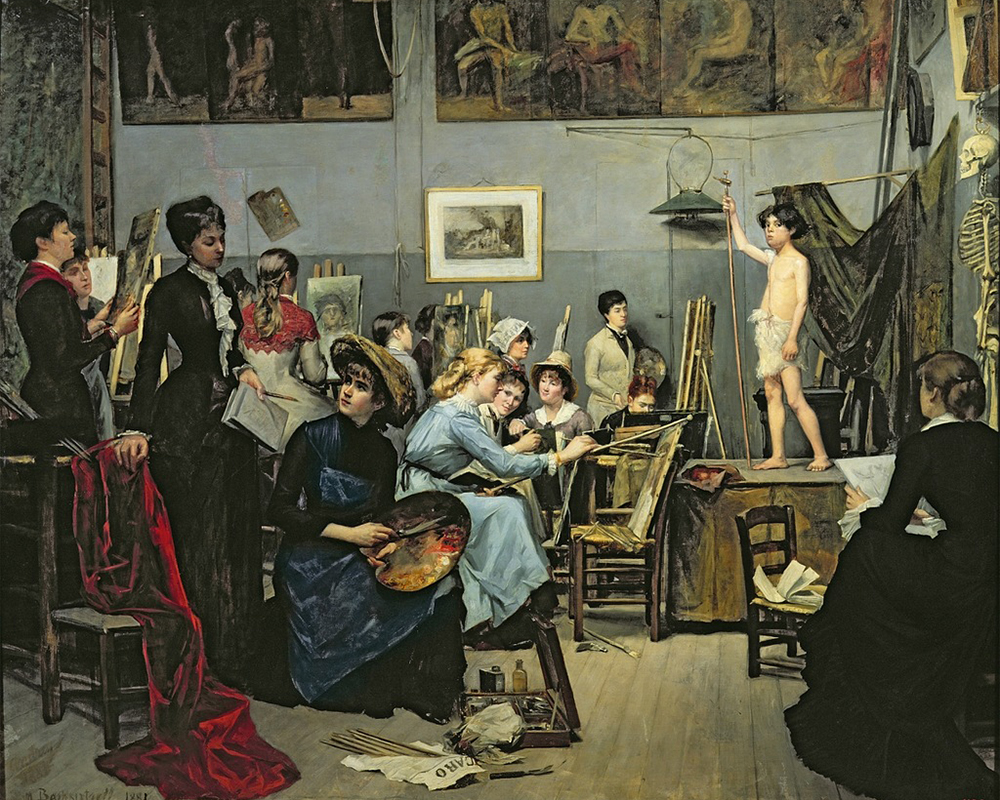 A studio in Paris founded in 1868 and known as the Académie Julian was named after its founder, the artist Rodolphe Julian. Maria Bashkirtseva studied there and called Julian her “spiritual father.” / Maria Bashkirtseva, In a studio of Julien, 1881.