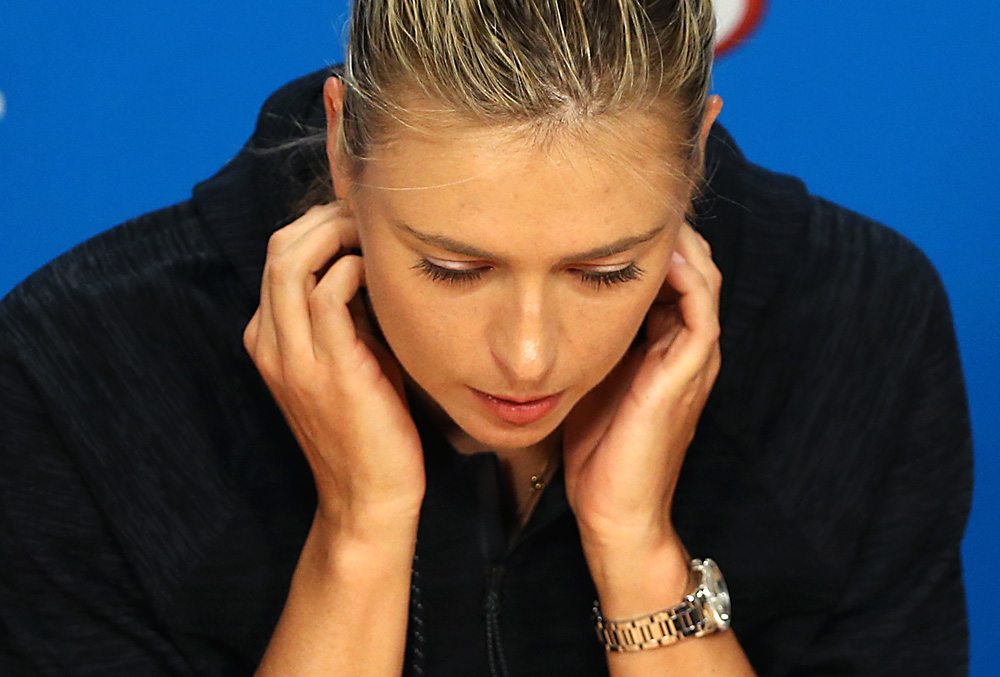 Russia's Maria Sharapova pauses during a press conference, ahead of the Australian Open tennis championships in Melbourne, Australia, Saturday, Jan. 16, 2016.