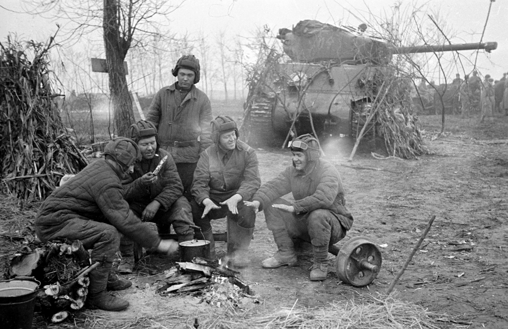 The 1st Baltic Front tankers having a rest near the Sherman tank, supplied under Lend-Lease by the US. 