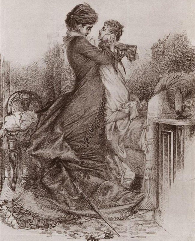 Vroubel (1856-1910), auteur de chefs-d’œuvre tels que Le Démon assis et La Princesse cygne fait probablement partie des personnalités les plus tragiques de la peinture russe. /  Anna Karénine rencontre son fils, 1878. 