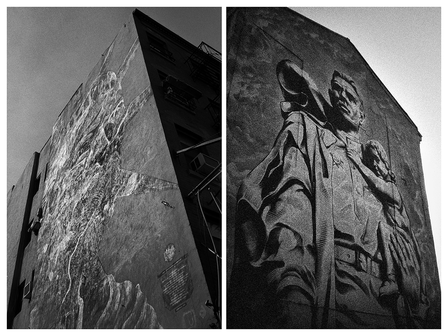 Ню Йорк – Графит на Статуята на свободата на стената на сграда в Малката Италия. / Москва – Рисунка на паметник на съветски войници на стената на сграда близо до Големия москворецки мост.